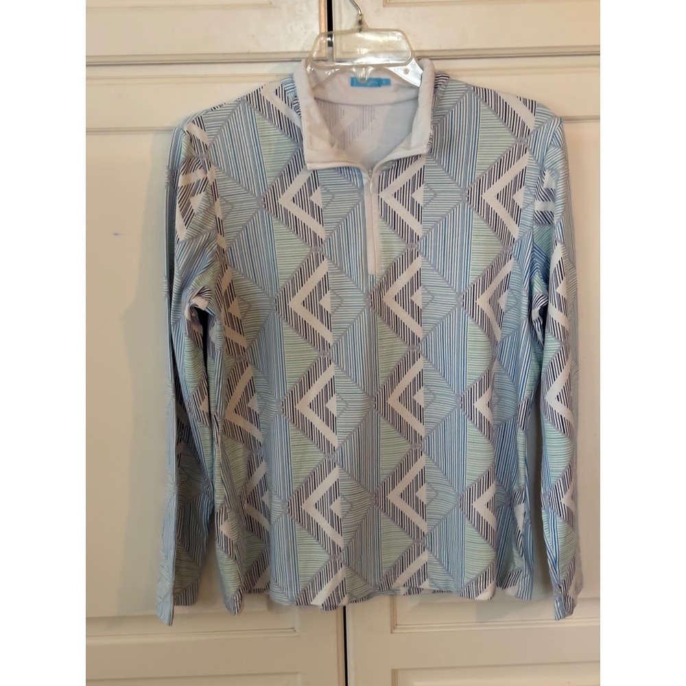 J. McLaughlin Womens XL Blue Green Geometric Quarter Zip Pullover Top
